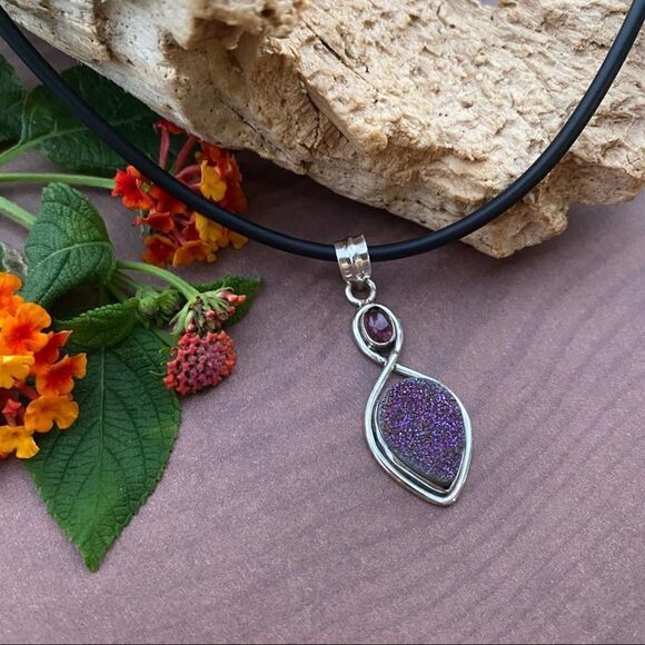 Titanium Aura Druzy & Pink Tourmaline Pendant Necklace - Picture 3 of 6